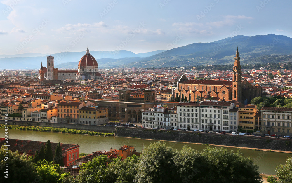 View of Cathedral of Santa Maria del Fiore (Florence Cathedral) and Basilica of Santa Croce in Florence, Italy