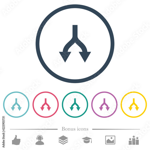 Split arrows down flat color icons in round outlines