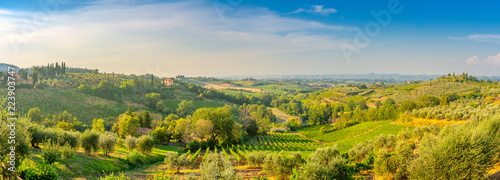panorama of the Tuscan valley at sunset  many guest villas on the hills  Italy. Europe