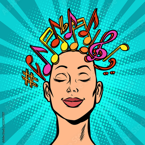 musical notation note marks, woman composer composes or hears mu