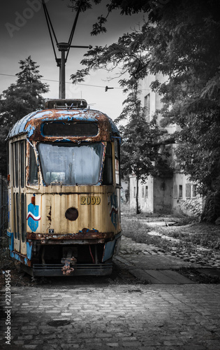 An old tram left to rot in the sidings in the Polish city of Wroclaw.