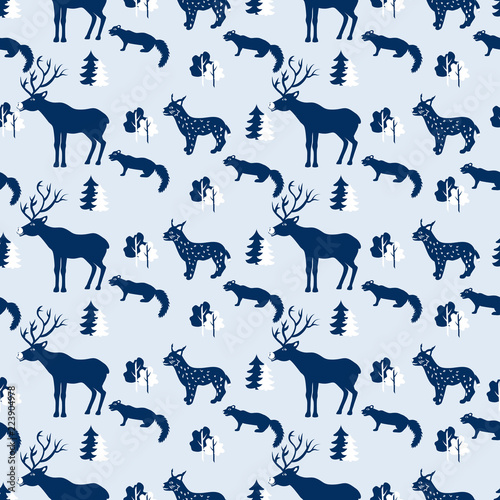 Seamless wild animal pattern, cartoon travel vector illustration, colorful symbol of Kamchatka isolated on light blue backdrop, decorative scandinavian texture, tree for design wallpaper, textile