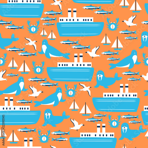 Seamless marine pattern, wild sea animals, cartoon travel vector illustration ship, sailboat, swalrus, fur seal, seagull colorful isolated on orange backdrop, decorative texture for design wallpaper