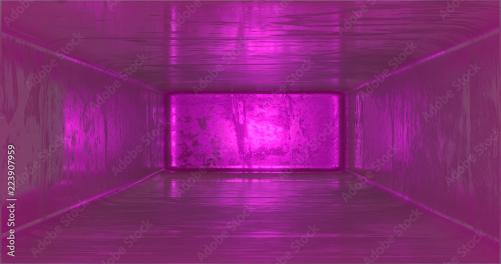3D rendering. Futuristic corridor with old metal walls and floor, illuminated by ultraviolet light. Apocalyptic scene.
