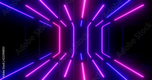 3D Rendering. Geometric figure in neon light against a dark tunnel. Laser glow.