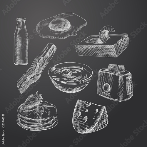 Hand Drawn Breakfast Sketches Set in chalk style. Collection Of milk, egg, butter, pancakes, yogurt, toaster, cheese,  bacon isolated on chalkboard.