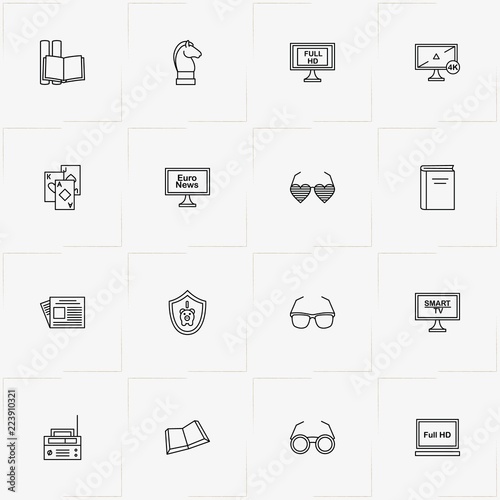 Pensioner line icon set with spectacles, television and game cards