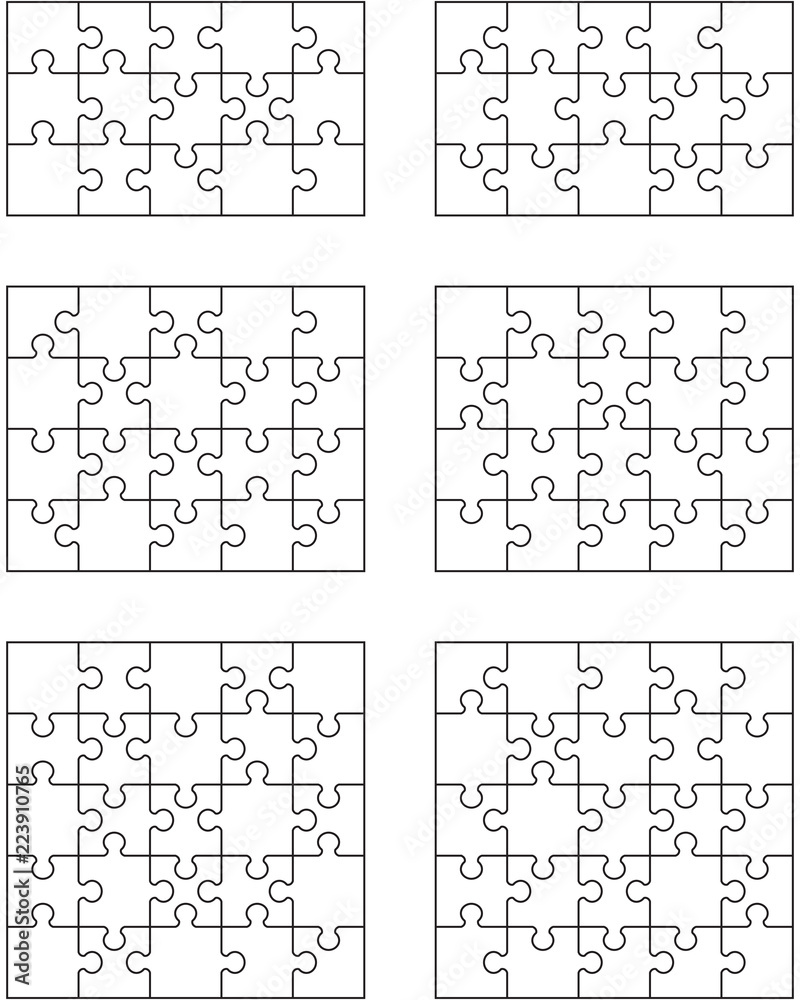 Vector illustration of six different white puzzles, separate pieces Vector illustration of six different white puzzles, separate pieces