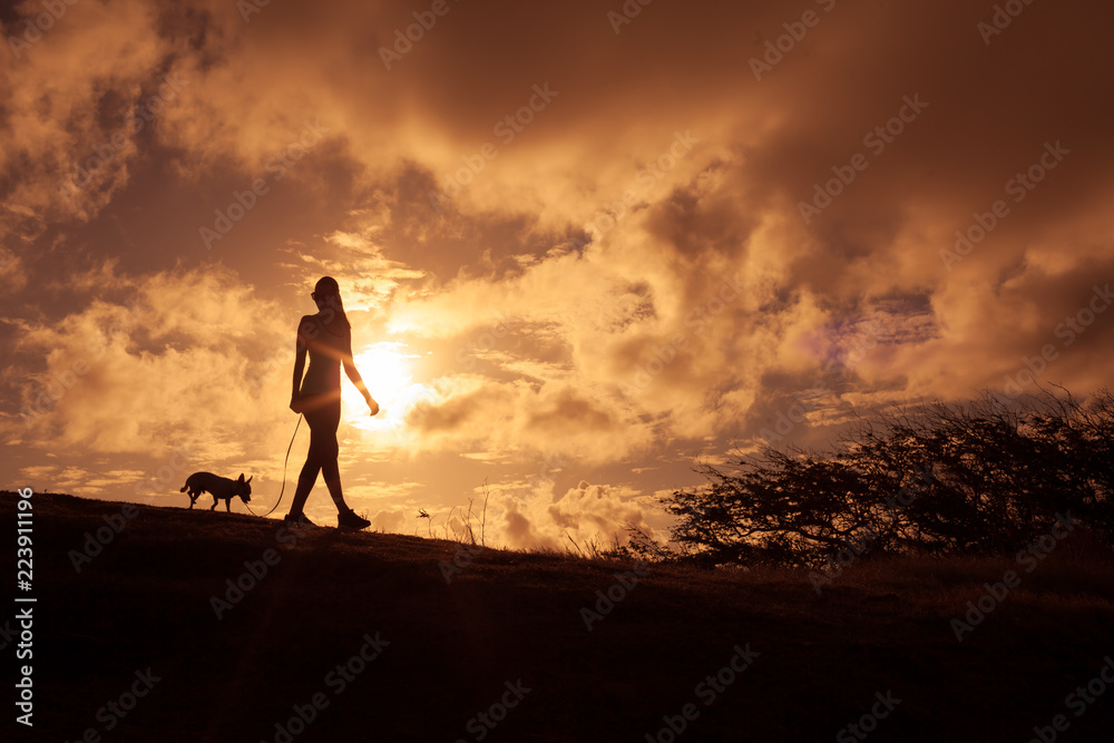 Female walking her dog outdoors at sunset. 