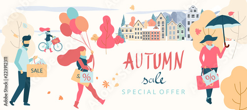 Autumn sale. Cityscape poster with people going shopping.