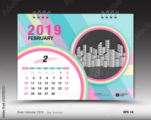 FEBRUARY calendar 2019 template design, pastel background, colorful