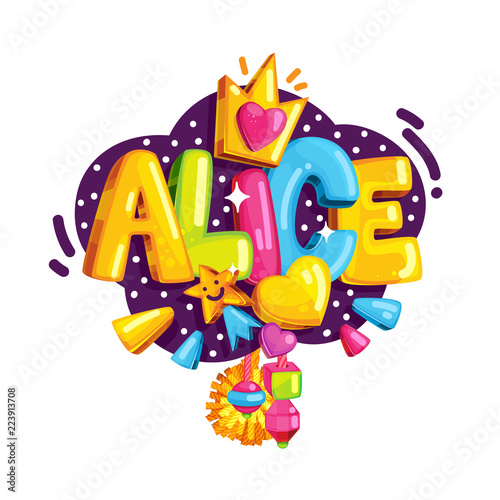 The emblem of Alice. Colored cartoon vector illustration for children design for girl