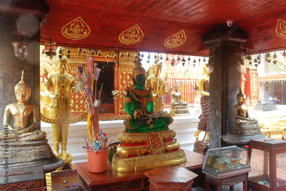 Green statue of Buddha in Doi Suthep temple in Chiang Mai, Thailand