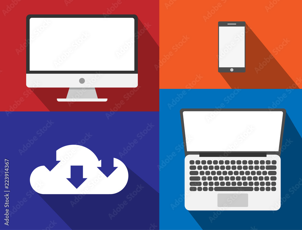 Cloud computing with computer and smart phone flat design modern vector illustration concept, Network cloud service. Cloud computing with computer and smart phone flat design modern vector illustration concept, Network cloud service.