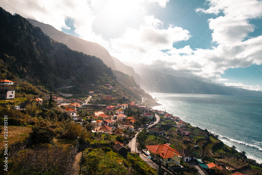 Breathtaking view to mountain villages at sunset on Madeira island, Portugal
