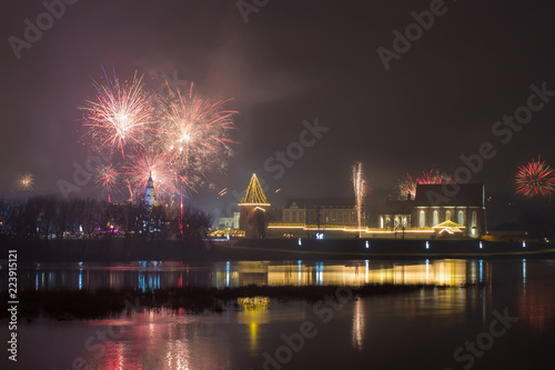 Festive fireworks in the city. Kaunas, Lithuania.