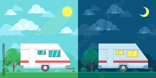 Flat style design illustration of camping car. Travel trailer in day and night © olha_oleskova