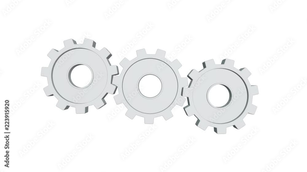 Three white gears spinning . White background. Alpha channel