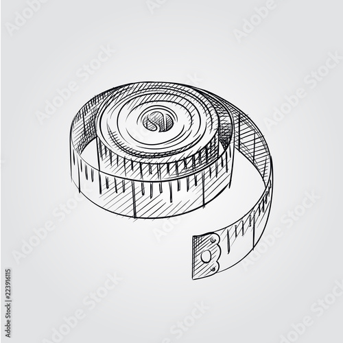 Hand Drawn meter tape Sketch Symbol isolated on white background. Vector Sewing elements In Trendy Style.