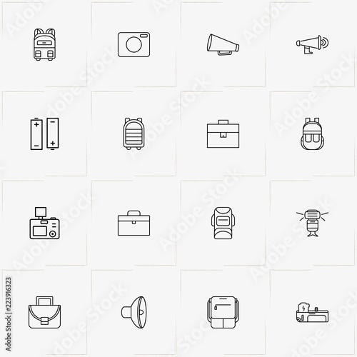 Phototechnique line icon set with loudspeaker, backpack and camera flash light