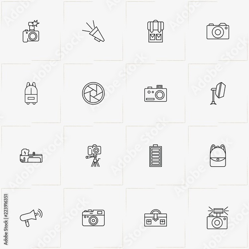 Phototechnique line icon set with photo camera, loudspeaker and battery grip