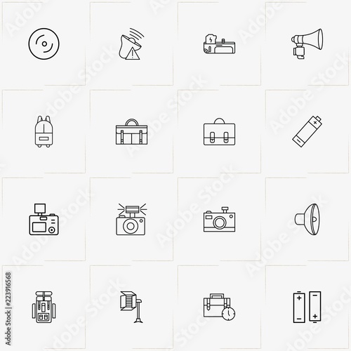 Phototechnique line icon set with battery grip, case and camera lens