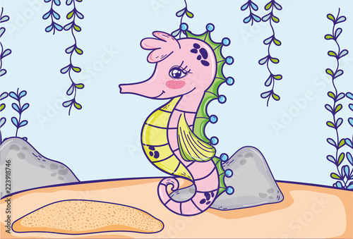 seahorse animal with seaweed plants hanging