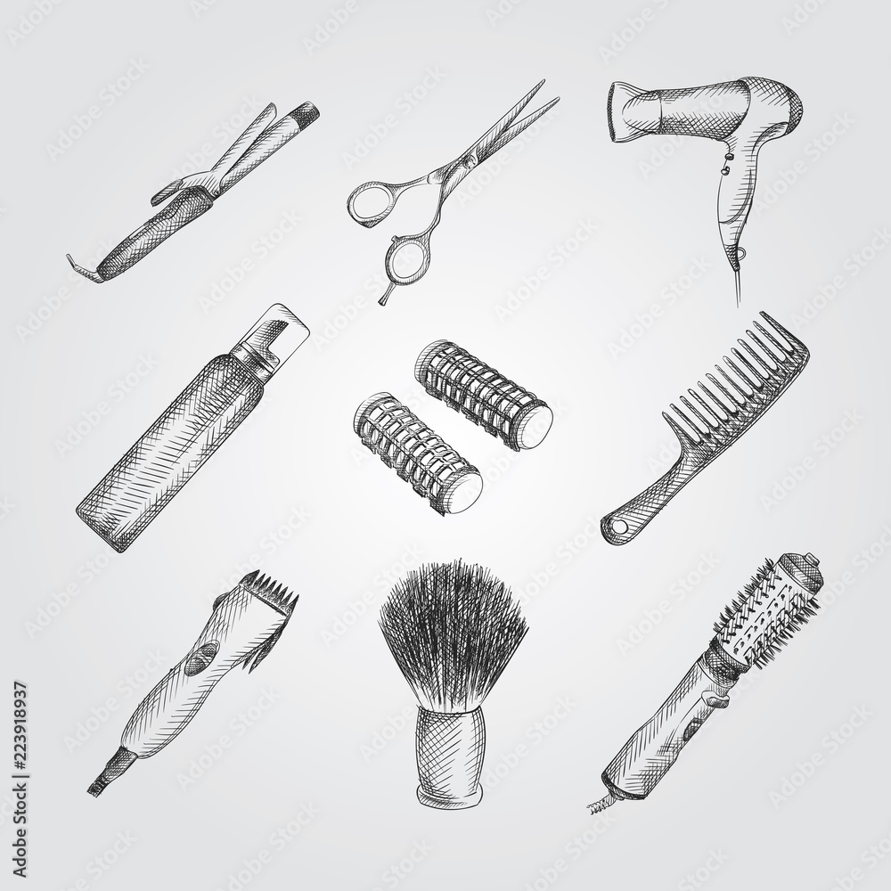 Hand Drawn Barber Shop Sketches Set. Collection Of scissors, hairdryer comb,  hair dryer, hair mousse spray, curlers, comb, Hair clipper, Sketches on  white background. Hair care and Styling Stock Vector | Adobe