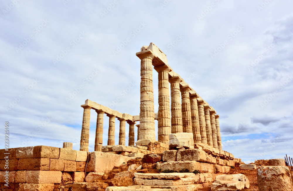 The temple of Poseidon,Cape Sounio Greece with Overcast and shadow.