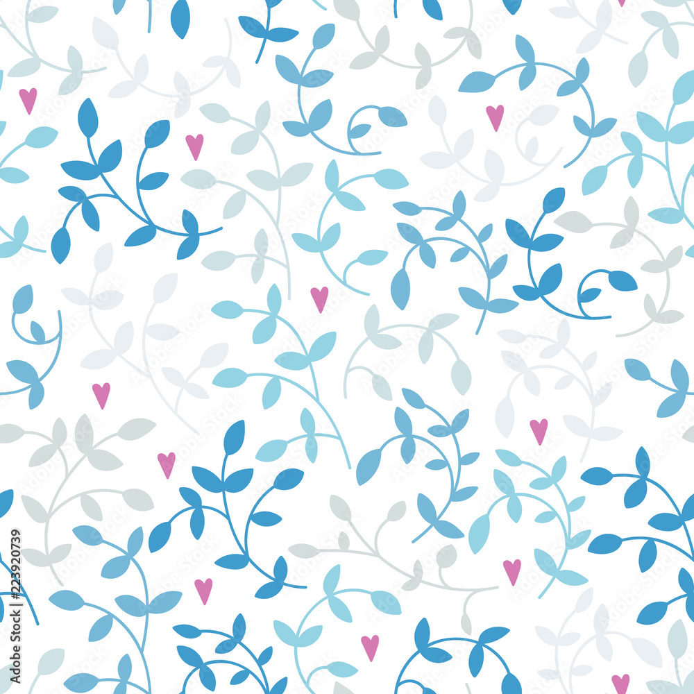 Vector seamless pattern of blue branches and pink hearts.