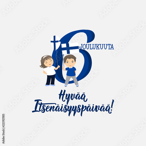 Finland Independence Day. Translation from Finnish: December 6, Happy Independence Day. greeting card with kids