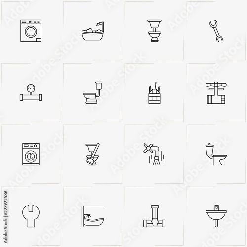 Plumbing line icon set with water meter, toilet and plunger