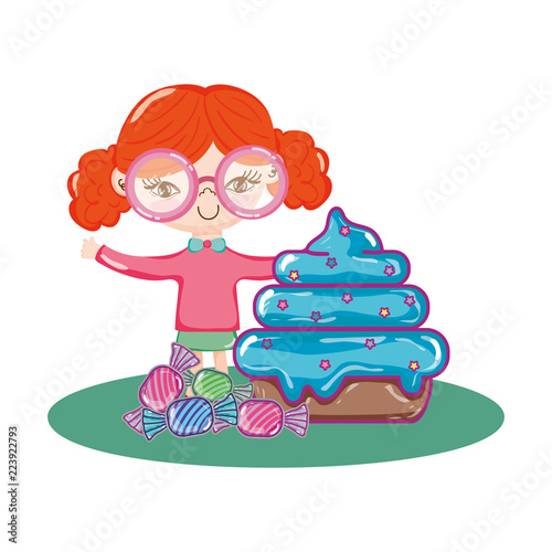 girl wearing glasses with sweet muffin and candies