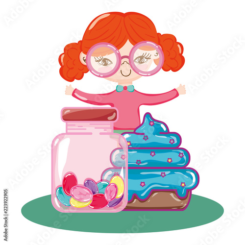 girl wearing glasses with muffin and candies inside bottle