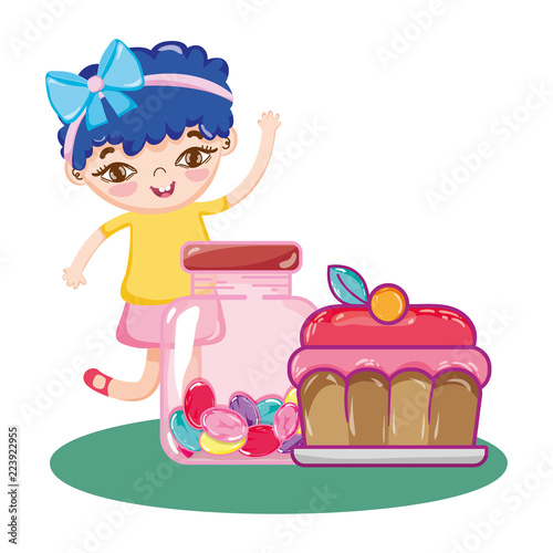 girl with cake and sweet candies inside bottle