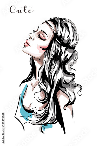 Hand drawn beautiful young woman profile. Stylish elegant girl with long blond hair. Fashion woman portrait. Sketch.
