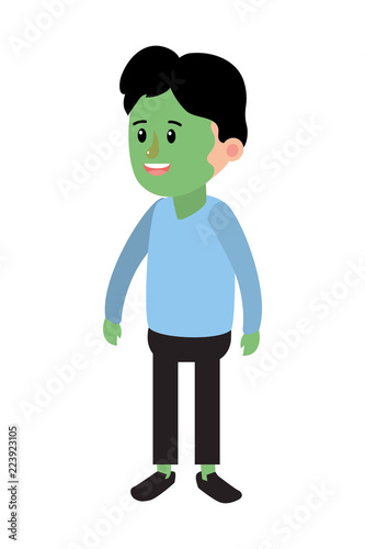 happy boy with green head costume and clothes