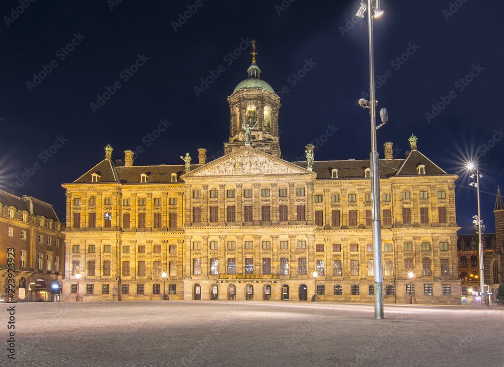 Royal Palace on Dam square at night, Amsterdam, Netherlands