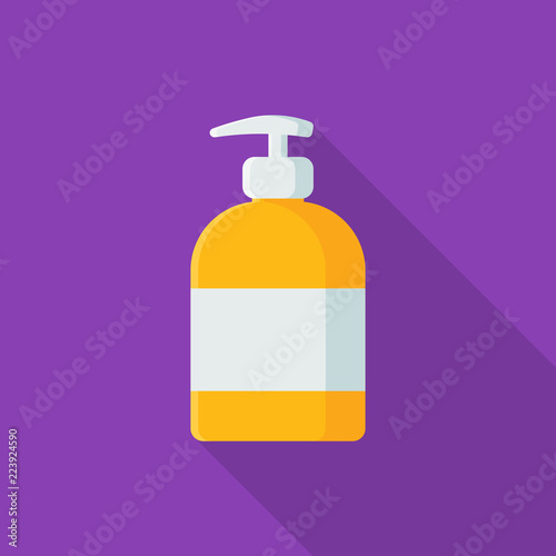 Liquid soap in bottle flat icon isolated on purple background. Simple soap sign symbol in flat style. Hygiene products Vector illustration for web and mobile design.