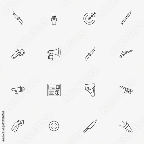 Police line icon set with portable radio , holster and revolver