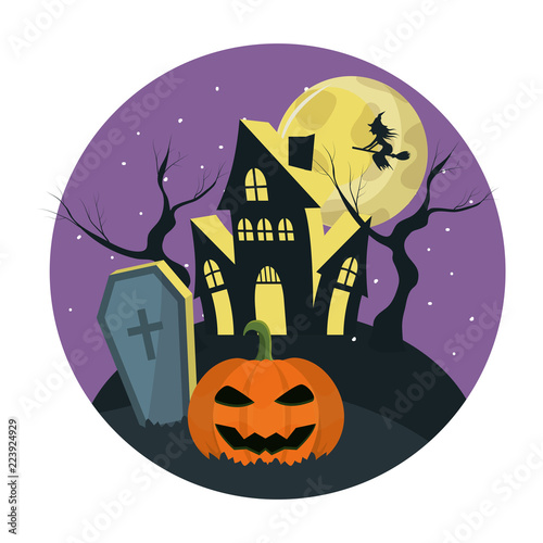 horror castle in the cemerety with witch and pumpkin photo