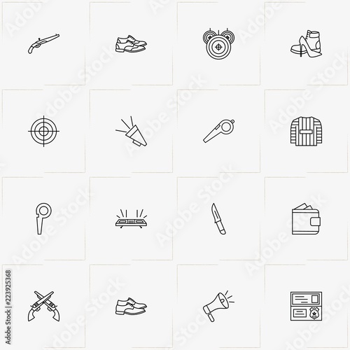 Police line icon set with prisoner shirt , target and wallet