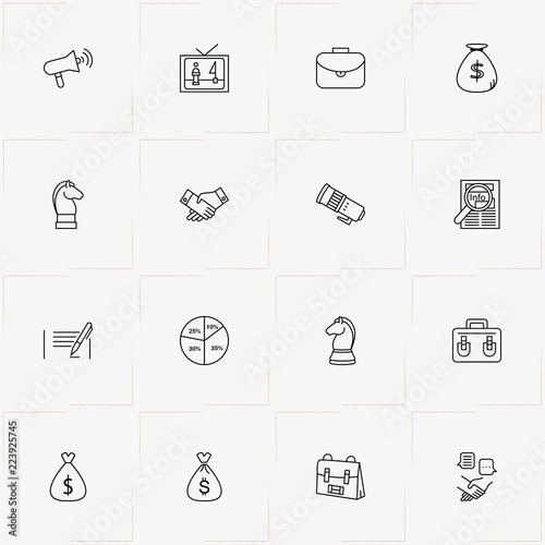 Politic line icon set with newspaper, money bag and politic news