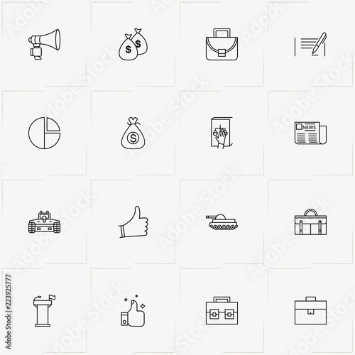 Politic line icon set with tribune, money bag and oath