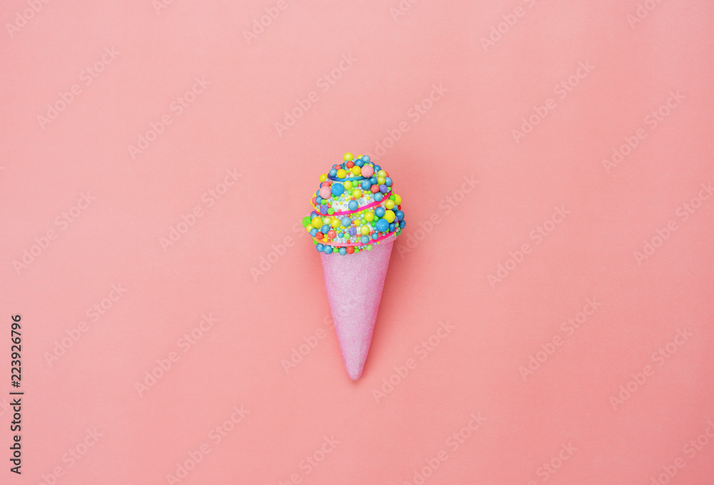Table top view shot of arrangement food object background concept.Flat lay of sweet ice cream cone on the modern rustic pink paper at home office desk wallpaper.Beautiful pastel tone creative design. Table top view shot of arrangement food object background concept.Flat lay of sweet ice cream cone on the modern rustic pink paper at home office desk wallpaper.Beautiful pastel tone creative design.