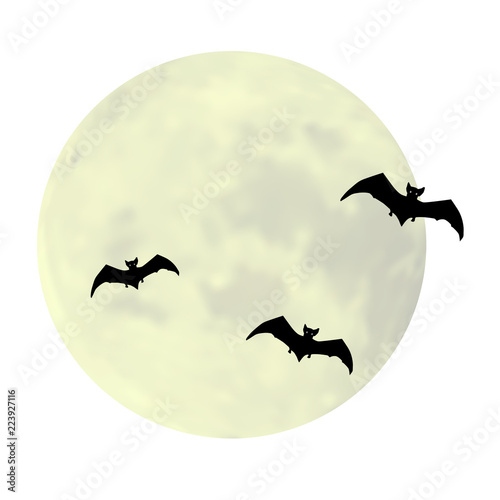 Silhouettes of bats on the background of full moon. Decoration for Halloween. Vector illustration.