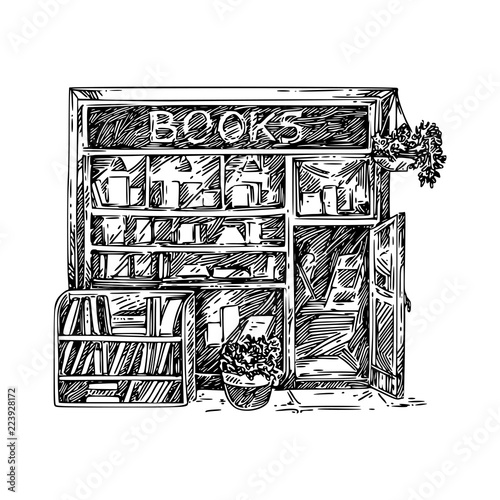 Little old book store. Sketch. Engraving style. Vector illustration.