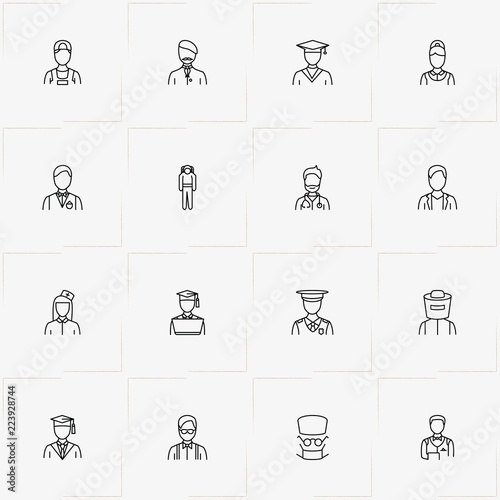 Professions line icon set with doctor , student  and welder