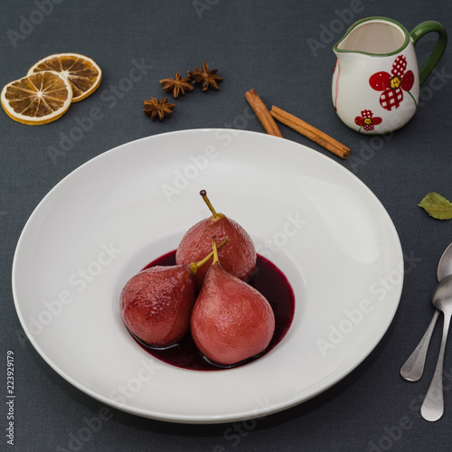 Poached pear in red wine 