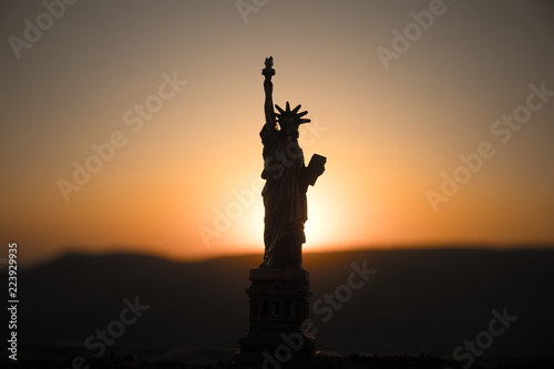Statue of Liberty on the background of colorful dawn sky